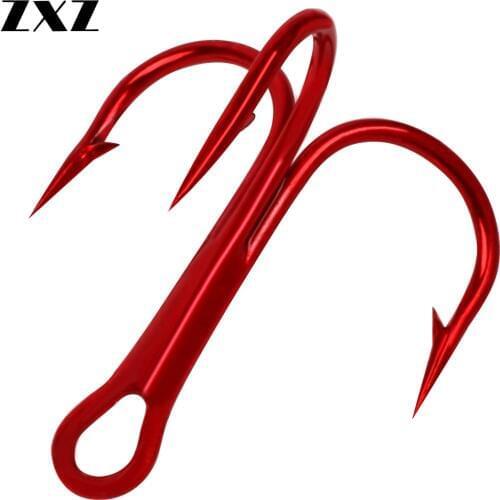 100pcs Red High Carbon Steel Treble Fishing Hooks Barb Sharp Round Bent Triple Bait Fishhooks Saltwater Bass Fly Fish Hook 2-10