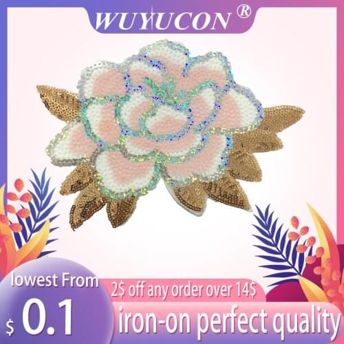 2pcs/lot Flower Sequined Sew on Iron on Patches for Clothes Pink Gold Sequins Floral Embroidery Appliques Sewing DIY Decals