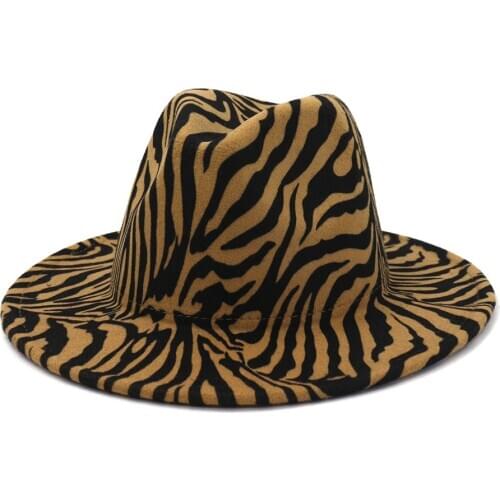 2021 Sombrero New Wool Winter Hat Round Felt Hat Big Brim Women Spring Autumn Zebra Stripe Flat Woolen Top Fedora Hat Gorras