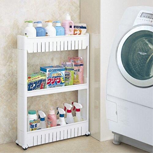 3-Tier Gap Kitchen Storage Rack Shelf Slim Slide Tower Movable Assemble Plastic Bathroom Shelf Wheels Space Saving Supplies