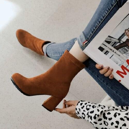 ZawsThia 2021 Spring Fall Brown Grey Stretch Fabric Ankle Socks Booties Block High Heels Women Sexy Shoes Boots Plus Size 46 12