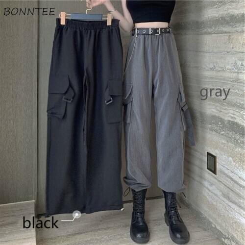 Cargo Pants Women Oversized Spring Chic Solid Newly Streetwear Leisure Pockets Students Ladies High Waist Ankle-Length Trousers