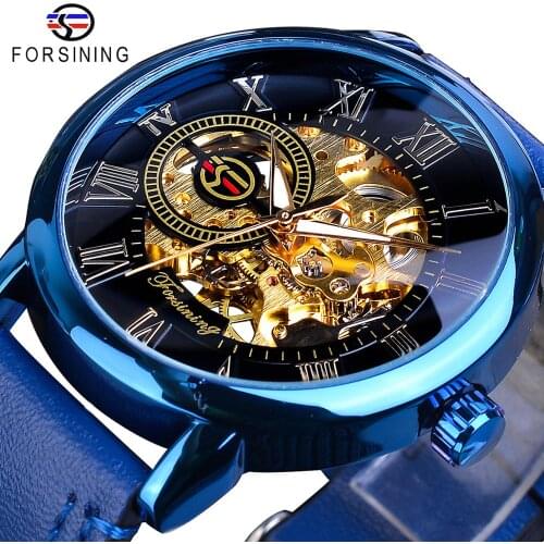 Forsining New Arrival Blue Men Mechanical Watch Slim Dial Hand Winding Genuine Leather Sports Wristwatch Clock Relogio Masculino