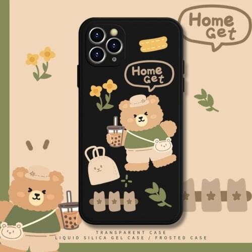 Retro kawaii chocolate Bubble tea green bear Phone Case For iPhone 11 12 Pro Max Xr Xs Max 6 7 8 Plus 7Plus case Cute Soft Cover