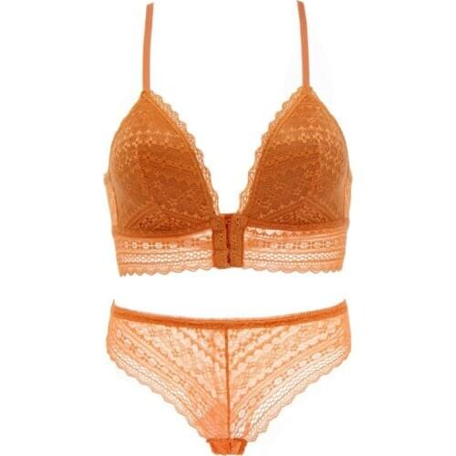 Fashion Sexy Lace Front Buckle Beauty Back No Steel Ring Gathered Bra + Briefs Set