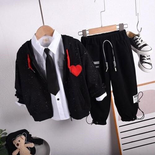 Spring Autumn Kids Clothing Sets Casual Children Clothing 3Pcs Baby Boy Clothes Black Coat, Shirt and Pants for Children Boy Set