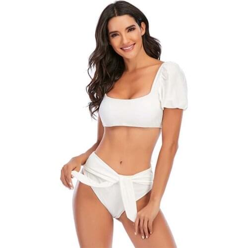 2021 Swimwear Women Solid Short Sleeve Sexy Bikini Set Swimsuit High Waist Bandage Bathing Suit Two-Piece Bikinis Swimsuit