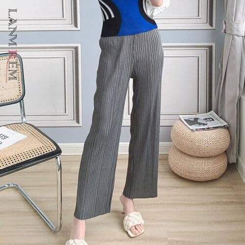 LANMREM Solid Color Pleated Wide Leg Pants Womens High Waist Autumn 2021 New Fashion Temperament Gray Trousers 2D3615