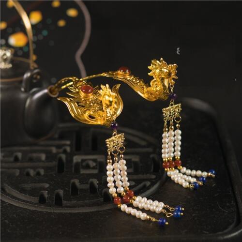 LYZ Dragon Boat Imitate Unearthed Traditional Hand Carving Copper Hair Tiara Peony Hair Sticks Hanfu Hair Jewelry Earrings