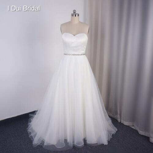 Sweetheart Satin Organza Simple Wedding Dress with Crystal Beaded Belt Factory Custom Made