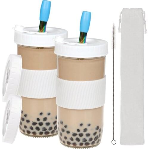 2pcs Reusable Boba Cup Bubble Tea Cup 24Oz Leakproof Glass Mason Jars Drinking Water Bottle with Lid, Silicone Sleeve,Straws
