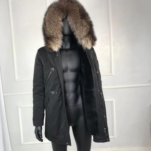 Mens Real fur Jacket raccon fur collar rabbit fur liner parka with natural fur Removable lining warm for winter real fur