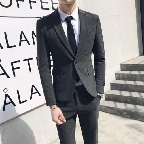 2021 Men New Business Casual Blazers Coat Stripe Slim Fit Formal Wedding Male Groom Tuxedos Suit Jacket Pant 2 Pcs Sets W458