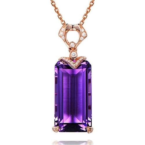 QTT New Rose Gold Rectangular Amethyst Pendant Necklace Clavicle Chain Valentines Day Gift Jewelry Sweater Chain