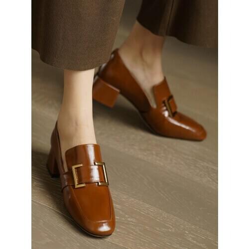 EshtonShero New Women Buckle Square Med Heels Pumps Spring Summer Basic Concise Pumps Retro Cow Leather Square Toe Shoes Woman