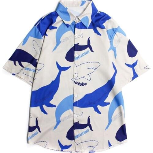New Summer Shirt Women Oversize Shirt Streetwear Vintage Whale Print Loose Short Sleeve Blouse Contrast Color Harajuku Man Shirt