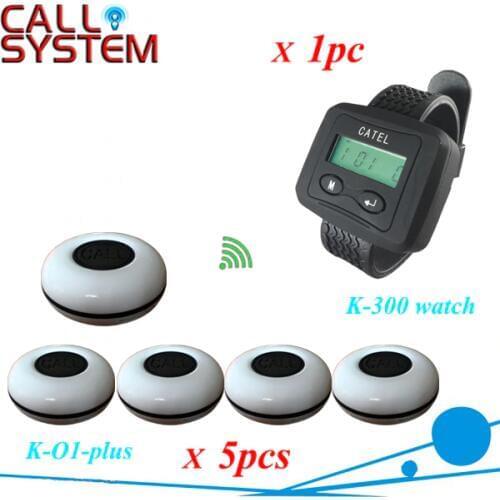 One set wireless system Waiter caller bell service 1 watch wrist pager with 5pcs table customer button CE Passed