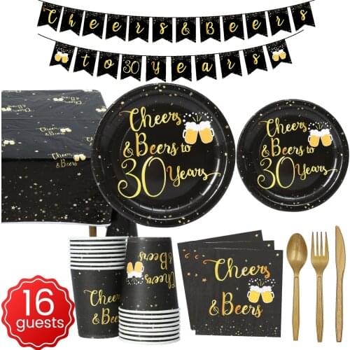 30th Birthday Party Disposable Tableware Black Gold Birthday Party For Adult Decor Cheer To 30th Party Supplies Decor