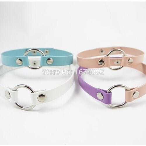 Punk Gothic Cosplay Fashion Jewelry Handmade O Round Real Leather Button Choker Collar Necklace