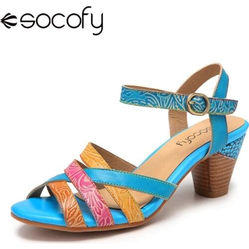 SOCOFY Colorful Cross Strap Cowhide Leather Wearable Comfy Ankle Strap Hook Loop Casual Heels Sandals Womens High Heels Shoes