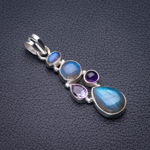 StarGems Natural Blue Fire Labradorite And Amethyst Handmade 925 Sterling Silver Pendant 2" D5352