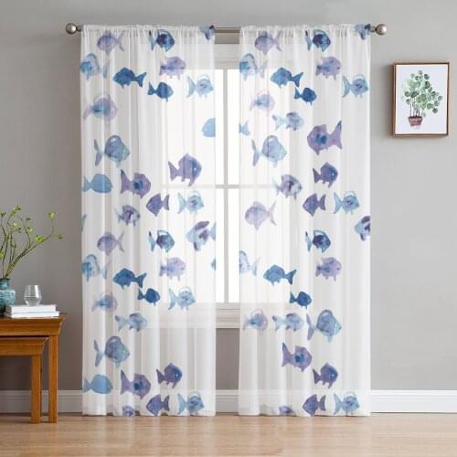 Purple Fish Watercolor Painting Sheer Window Curtains for Living Room Bedroom Girls Room Decoration Tulle Curtains