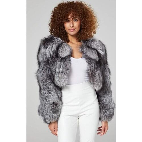 Delightful Silver Fox Fur Coat Women Autumn Winter V-neck Fashion Cropped Jacket