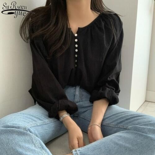 French Style Vintage White Long Sleeve Womens Shirts Cotton Single-breasted Puff Sleeve Womens Blouse Overalls for Women 11021