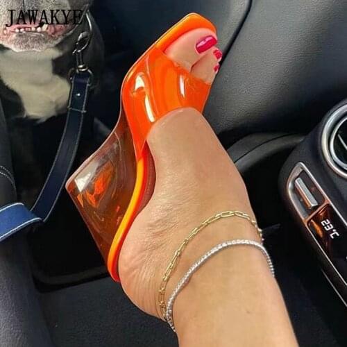 New Clear Orange Wedge Women Slippers One Strap Runway Women Sandals Open Toe PVC Party Wedding Slides 2021 New Summer Shoes