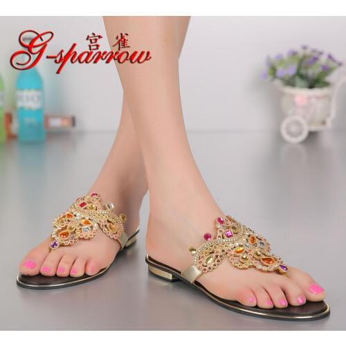 G-SPARROW 2020 Summer New Fashion Diamond Women Shoes Gold Flat Luxury Flowers Ladies Flip Flops Slippers Sale Size 11