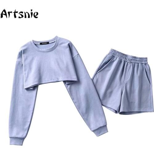Artsnie Spring 2021 Two Piece Set Women O Neck Sweatshirt Shorts Sportswear Suits Tracksuits Blue Casual Two Piece Set Outfits