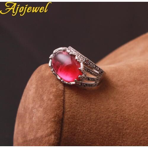 Ajojewel Rose Red Semi-precious Stone Rings For Women Vintage Antique Ring Jewelry With Black Rhinestone