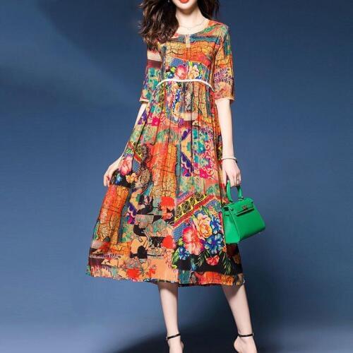 2018 Europe and the United States spring and summer womens new national wind printing silk high waist dress TB18881