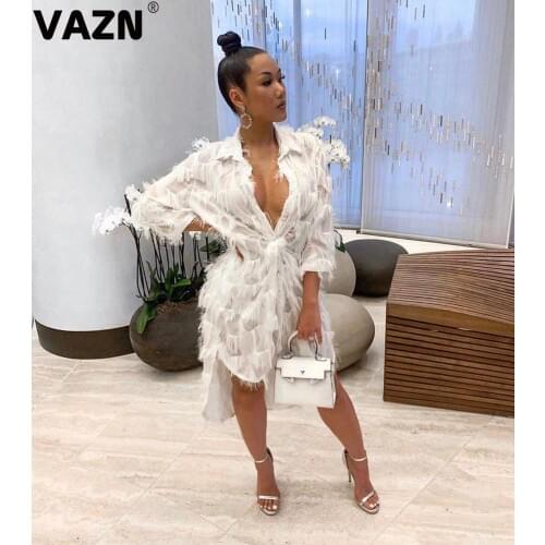 VAZN new product 2019 summer sexy lady white print A-line dress half sleeve v-neck dress sexy lady streetwear dress