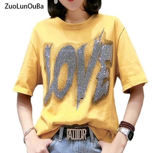 ZuoLunOuBa 2021 Summer Fashion Women T Shirt Hot Drilling Letter Love Tees Loose Personality Trend Cotton Tops S-L Female
