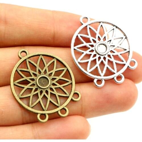 10pcs Charms Round Flower with 3 Loops Connector Bronze Antique Silver Plated Tassel Pendant DIY Jewelry Making Findings