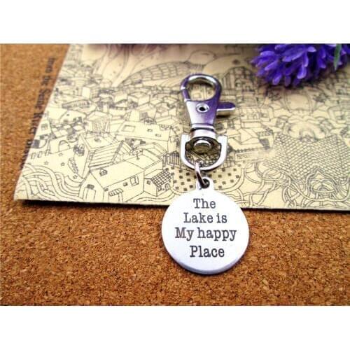 3pcs/lot high quality keychain with 20mm stainless steel circle round "the lake is my happy place" charms keychain