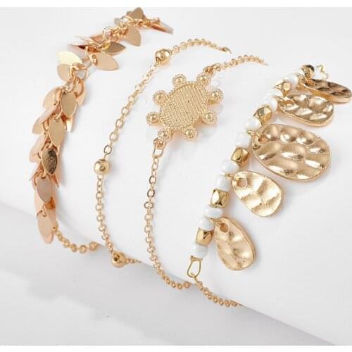 4Pcs Vintage Metal Tassel Sequins Bracelet Set Geometry Flower Beads Chain Bracelets Gold Color Cuff Bracelet Women Jewelry