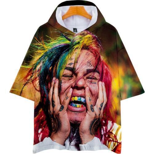 6ix9ine Harajuku Hooded Shirts Men and Women Rapper Tekashi 69 3D Print Short Sleeve Hip Hop Funny Tshirt Slim Fit Mens T-shirt