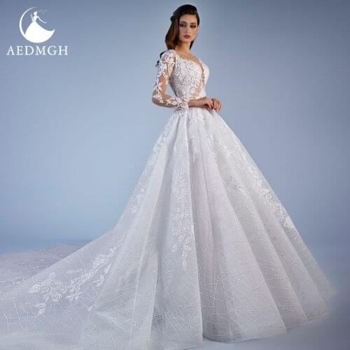 Aedmgh Ball Gown Glamorous Wedding Dresses 2021 Sweetheart Long Sleeve Bride Dress Lace Appliques Backless Princess Bridal Gown