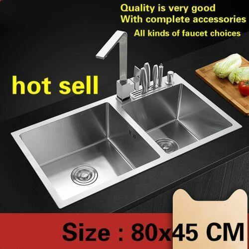 Free shipping Fashion standard big kitchen manual sink double groove 304 food grade stainless steel deluxe hot sell 800x450 MM