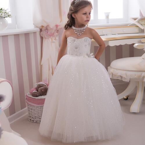 Sparkle Bling Bling Sequined Kids Puffy Ball Gowns Strapless Bow Sash Long White Little Girl Wedding Party Dress 2-12 Year Old