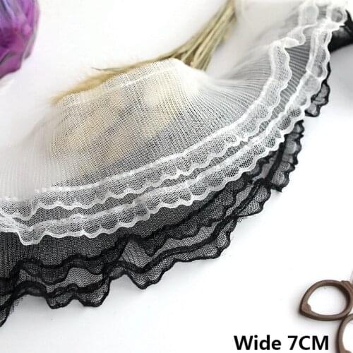 7CM Wide Tulle White Black Double Layers Mesh Pleated Lace Fabric Fringe Trim Ribbon Wedding Dress Skirt Hemlines Sewing Decor