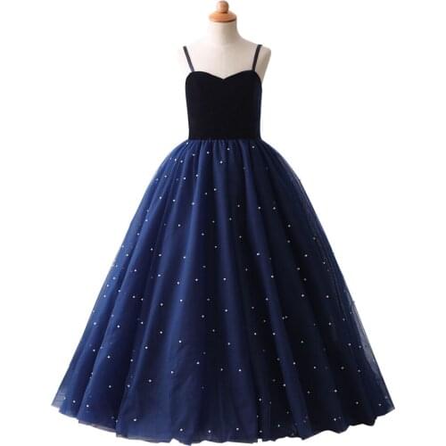 Girly Navy Blue Straps Flower Girl Dresses with Beading Pageant Dress Birthday Party Dress for aged 5-14 Years