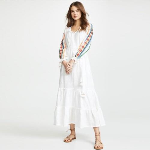 Jastie 2020 Spring Summer Women Dress Long Sleeve Boho Embroidery Dresses Loose Casual Long Dress Robe Beach Female Vestidos