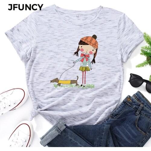 JFUNCY Plus Size 5XL Women Cotton T Shirt Girl and Dog Print Loose Tees Short Sleeve Woman Casual T-shirt Summer Female Tops