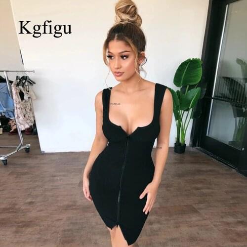 KGFIGU Cotton Ribbed Black Summer Women Sexy Zippers Sleeveless Bodycon Vestidos Clothing High Quality Wholesale Dropship