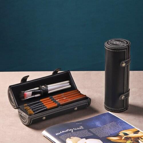 Black Leather Makeup Brush with Eyebrow Pencil Holder Eyeliner Storage Box Portable