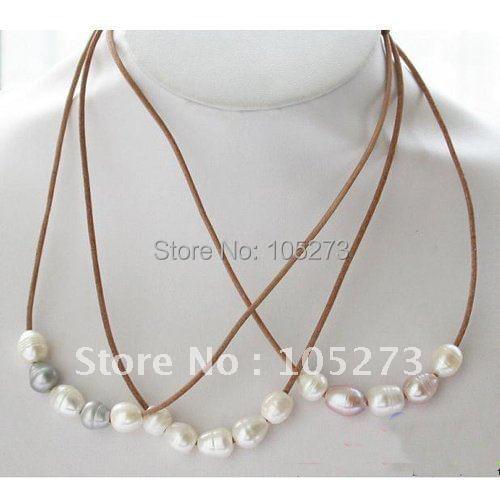 Wholesale 3pcs AA 9-13MM Rice Shaper Freshwater Pearl Leather Necklace Fashion Pearl Jewelry New Free Shipping FN1547