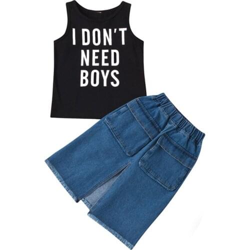 1-6Y 2PCS Summer Clothes Kids Girl Vest Skirt Outfits Letter Printed Vest Split Denim Skirt детская одежда комплекты одежды